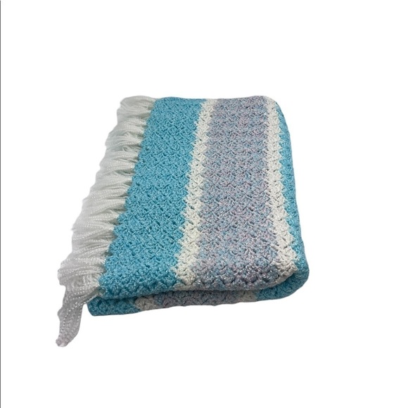 Handcrafted Crochet Soft Blanket Throw Baby Fringe Pink Blue Aqua Cream Cottage - Picture 2 of 6